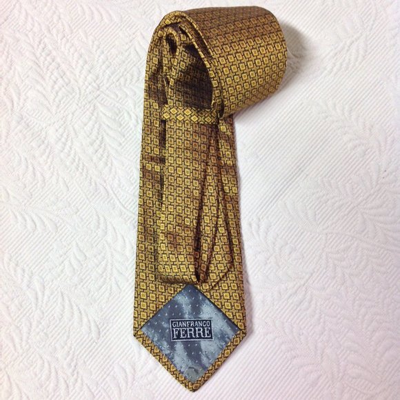 Gianfranco FERRE Geometric Gold & Blue Silk Necktie Tie - Picture 12 of 12